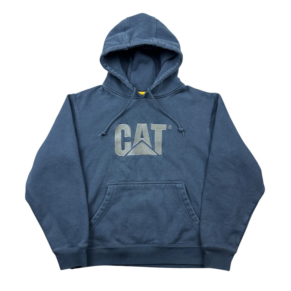 Caterpillar CAT Logo Hoodie Men Medium Blue Embroidered Pullover Sweatshirt Work